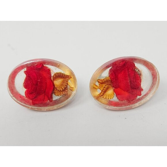 Vintage Screw On Earrings Lucite Rose Celluloid Flower Milk Glass‎ Red Glass - Picture 3 of 6